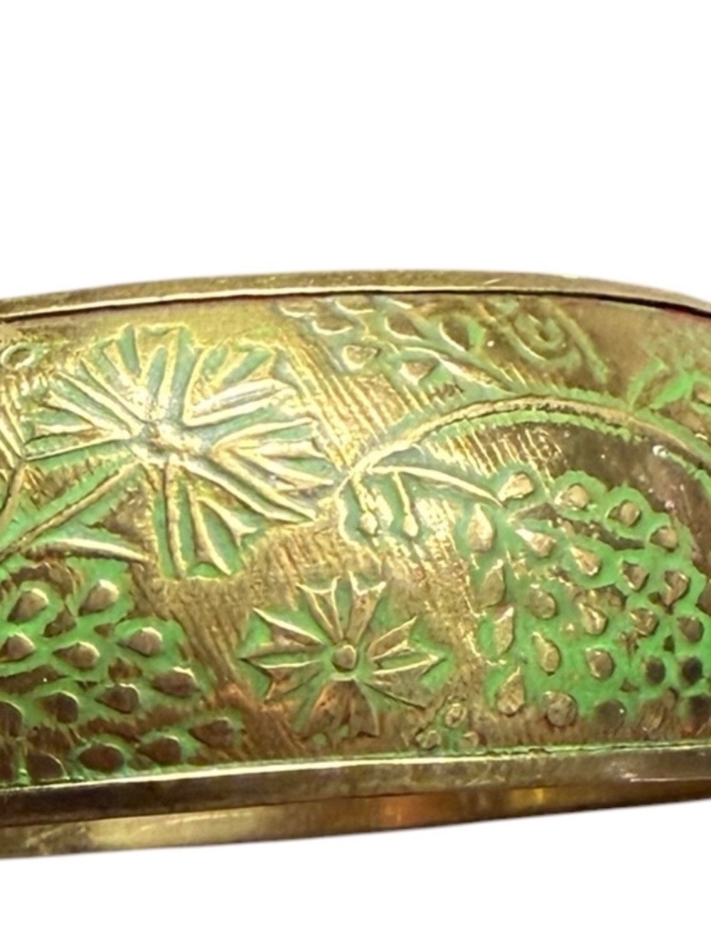 Vintage Etched Brass and Green Enameled Bangle Bracelet
